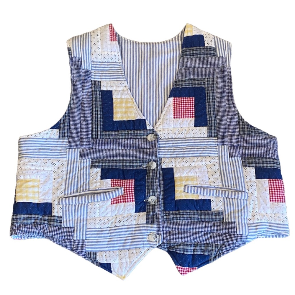 Vintage Patch Magic Quilted Reversible Vest Size XL Patchwork/Blue White Stripes
